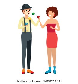 circus clown juggling balls with woman
