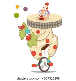 Circus clown juggling on a unicycle. Vector cartoon character isolated on a white background.