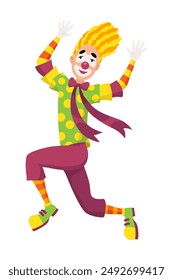 Circus clown. Kids holiday character. Entertainment artist. Jester performer, shapito circus show entertainers in funny costume, wig, makeup and red nose. Performers artist in classic outfit