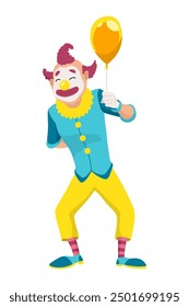 Circus clown. Kids holiday character. Entertainment artist. Jester performer, shapito circus show entertainers in funny costume, wig, makeup and red nose. Performers artist in classic outfit