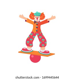 Circus clown with a laughing face balancing on a blackboard with a ball. Flat vector illustration isolated on white background.

