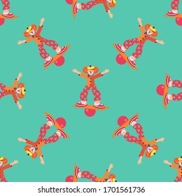 Circus clown with a laughing face balancing on a blackboard with a ball. Flat vector illustration isolated on white background. Pattern.
