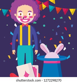 circus clown with magician hat and poker cards