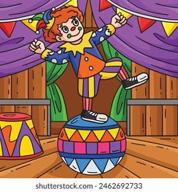 Circus Clown On Ball Colored Cartoon Illustration