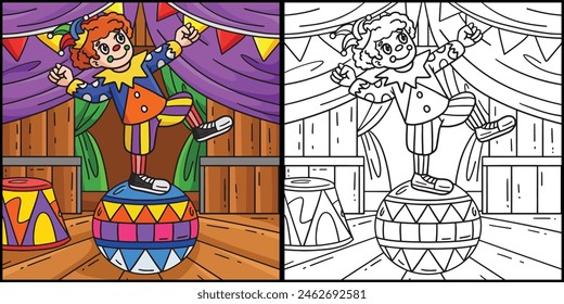 Circus Clown On Ball Coloring Colored Illustration