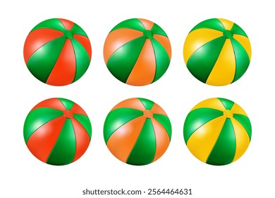 Circus clown party colored icon. Green yellow, red orange vacation beachball. Beach ball 3d summer vector. Inflatable pool toy isolated. Swim balloon realistic object render. Bright striped plastic