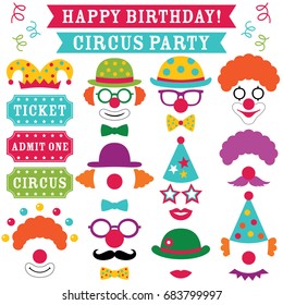 Circus clown party vector photo booth props (hats, noses, glasses)