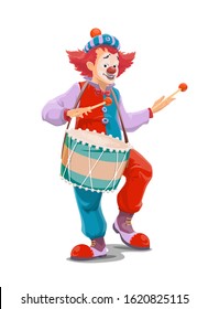 Circus clown playing drum, vector character of carnival comedy show. Joker or comic man cartoon character with funny hat, red wig and fake nose, makeup, giant clown shoes and drum sticks