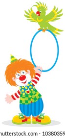 Circus clown playing with a green parrot
