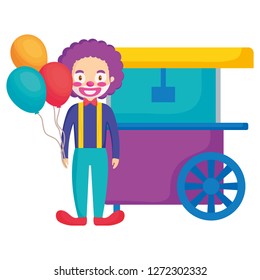 circus clown with pop corn cart and balloons