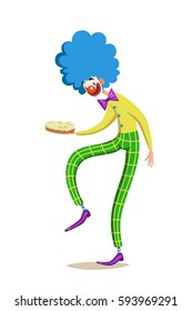 Circus clown prank with cake. Funny character in bright costume and with red nose. Vector illustration of comic isolated on white