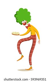 Circus clown prank with cake. Funny character in bright costume and with red nose. Vector illustration of comic isolated on white