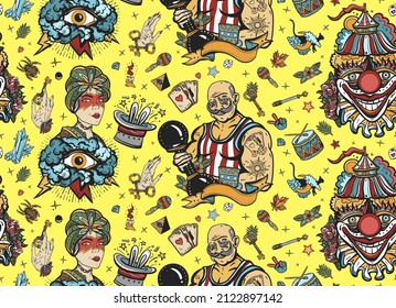 Circus. Clown, rabbit in a magician hat, strong man with dumbbells, fortune teller woman, magic trick. Old school tattoo seamless pattern 