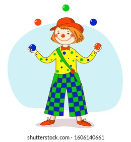 Circus. Сheerful clown in a red hat and bright pants is juggling balls.