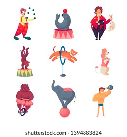 Circus clown, Seal, Elephant, poodle, monkey, tigerbear on a bicycle, strong man, magician. Vector illustration Isolated on white background. Cartoon and flat style.