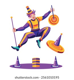 Circus clown showing his tricks illustration in flat style 

