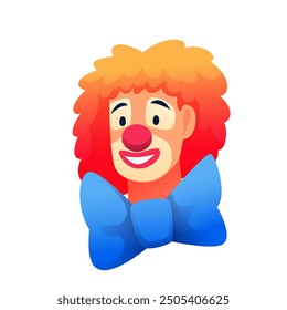 Circus clown smiling face with big blue bow isolated on white background. Carnival, kids birthday. Fun cartoon vector illustration.