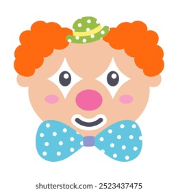 circus clown smiling face with big blue bow isolated on white background, carnival, kids birthday, fun cartoon vector illustration in flat style