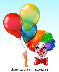 Circus clown smiling face with bright three color wig and hand holding balloons realistic funny vector illustration