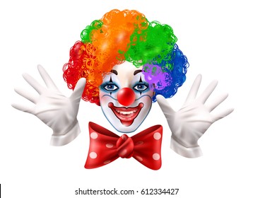 Circus clown smiling face with hands multi color wig and red bow realistic close-up portrait vector illustration 