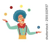 Circus clown with smiling face juggling with colorful balls isolated on white background. Joker. Carnival, kids birthday. Cartoon vector illustration.