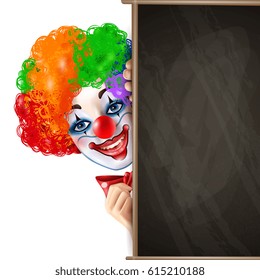 Circus clown smiling face shows from behind black chalkboard bright colorful composition advertisement poster realistic vector illustration 