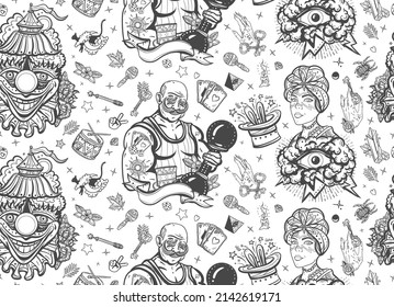 Circus. Clown, strong man with dumbbells, fortune teller woman, magic trick, rabbit in a magician hat. Traditional tattooing background. Old school tattoo seamless pattern