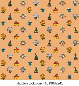 circus clown tent elephant standing and seal sea lion playing with ball with lion standing on stool and rabbit in a hat brown background repeat pattern