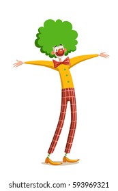 Circus clown in traditional make up. Funny character in bright costume and with red nose. Vector illustration of comic isolated on white