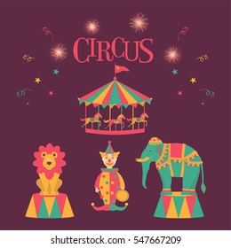 Circus with clown, trained lion, elephant and carousel. Vector illustration.