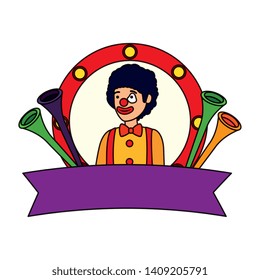 circus clown with trumpets in emblem
