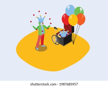 Circus clown vector concept. Funny clown juggling red balls while performing shows in the circus