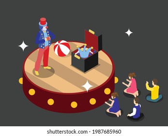 Circus clown vector concept. Funny clown entertaining children while performing in the circus