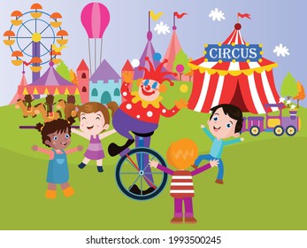 Circus clown vector concept. Funny clown riding a unicycle while entertaining children in the circus show