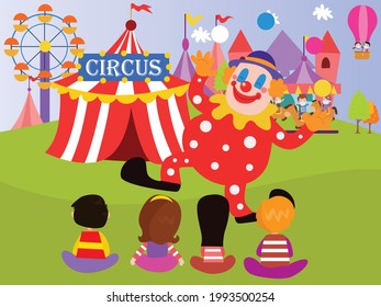 Circus clown vector concept. Clown with funny makeup entertaining children while performing in the circus show