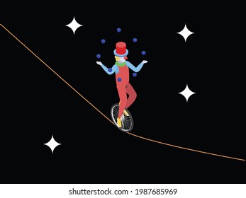 Circus clown vector concept. Clown juggles balls while riding unicycle on the rope and entertaining visitor in the circus