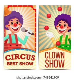 Circus Clown Vertical Banners Template Vector. Amazing Show Poster Template. Amusement Park Party. Carnival Festival Background. Illustration