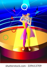 Circus clowning the woman in the situation, in the light of the spotlights in the arena