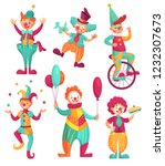 Circus clowns. Cartoon clown comedian juggling, funny clowns nose or jester party circus costume with balloon and happy laughing clowns face. Vector illustration isolated icons set
