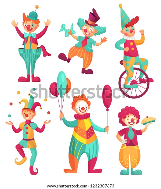 Circus\
clowns. Cartoon clown comedian juggling, funny clowns nose or\
jester party circus costume with balloon and happy laughing clowns\
face. Vector illustration isolated icons\
set