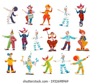 Circus clowns, cartoon vector big top characters. Jester performers, shapito circus show entertainers in funny costume, wig, makeup and red nose. Stage comedians, smiling jokers isolated icons set