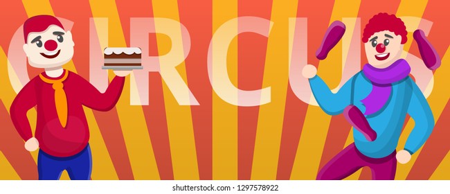 Circus clowns concept banner. Cartoon illustration of circus clowns vector concept banner for web design