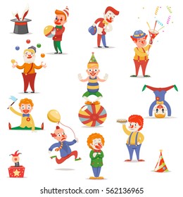 Circus Clowns Cute Funny Different Positions Actions Character Icons Set Retro Cartoon Design Vector Illustration