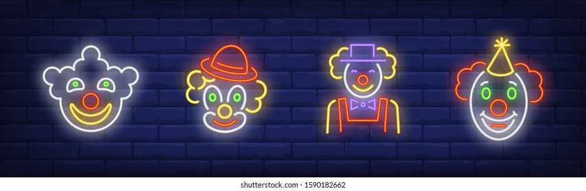 Circus clowns neon sign set. Joker, performer, fun. Vector illustration in neon style, bright banner for topics like party for kids, celebration, entertainment