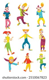 Circus clowns set. Kids holiday character. Entertainment artists. Jester performers, shapito circus show entertainers in funny costume, wig, makeup and red nose. Performers artist in classic outfit