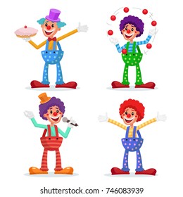 Circus Clowns Set Vector. Performance For Hilarious Laughing People. Amazing Public Circus Show. Man Juggling Balls. Isolated On White Cartoon Character Illustration