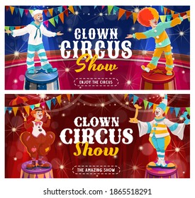 Circus clowns vector flyer. Big top tent performers, cartoon funny carnival funsters and jesters in bright costumes, periwig, makeup and fake nose perform show on circus stage with flags and spotlight