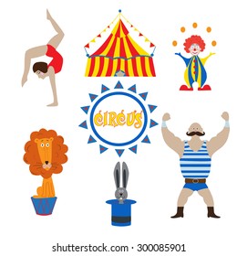 Circus collection with carnival, fun fair, vector icons and background and illustration Colored icons collection. 