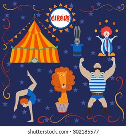 Circus collection with carnival, fun fair, vector icons and background and illustration Colored icons collection. 