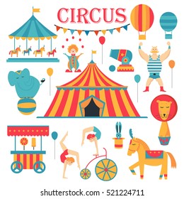 Colección de circos con carnaval, feria divertida, iconos vectoriales e ilustración Colección de iconos coloreados.